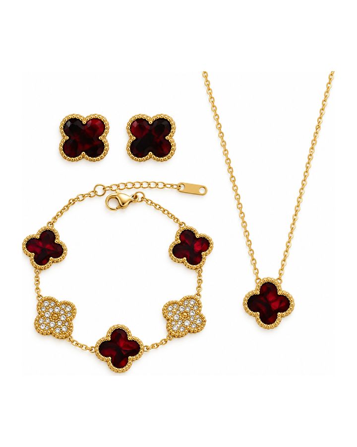 Deep Burgundy & Gold Rhinestone Clover Jewelry Set