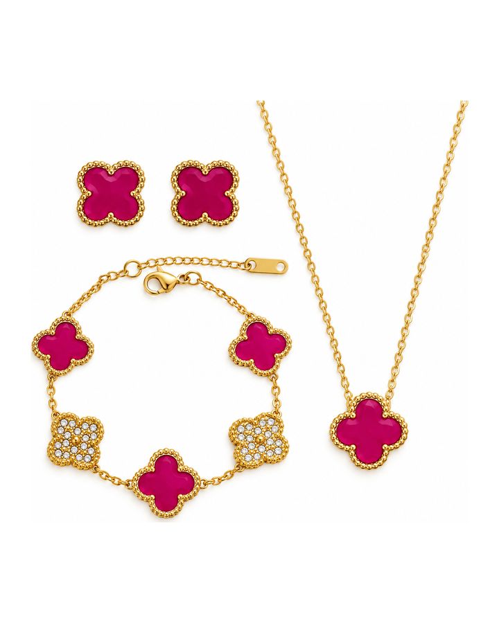 Magenta & Gold Clover Stainless Steel Jewelry Set: Necklace, Earrings, Bracelet