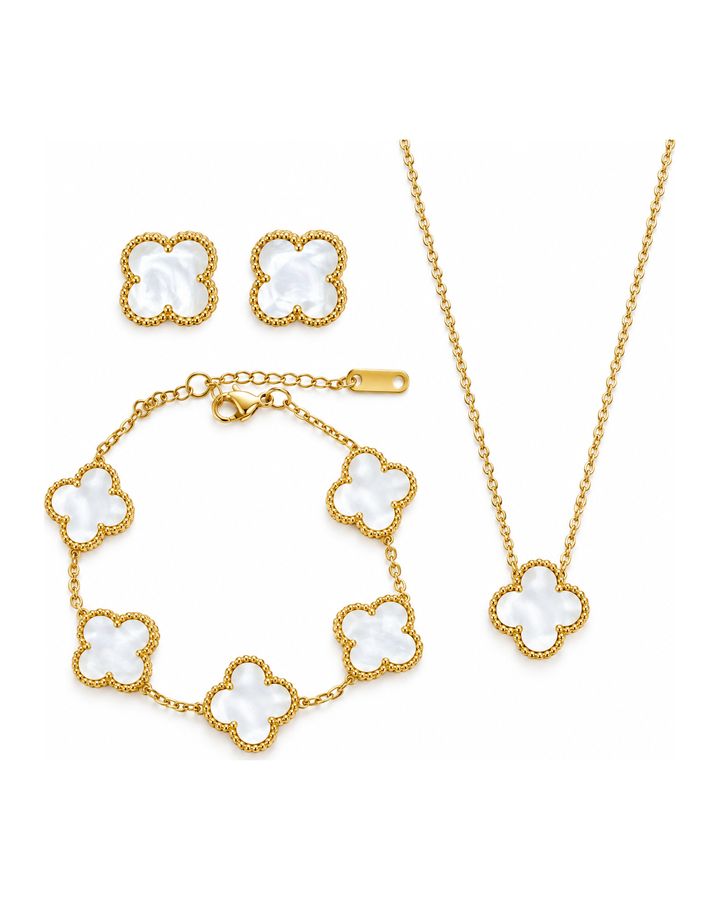 Mother Of Pearl White Clover Stainless Steel Jewelry Set: Necklace, Earrings, Bracelet