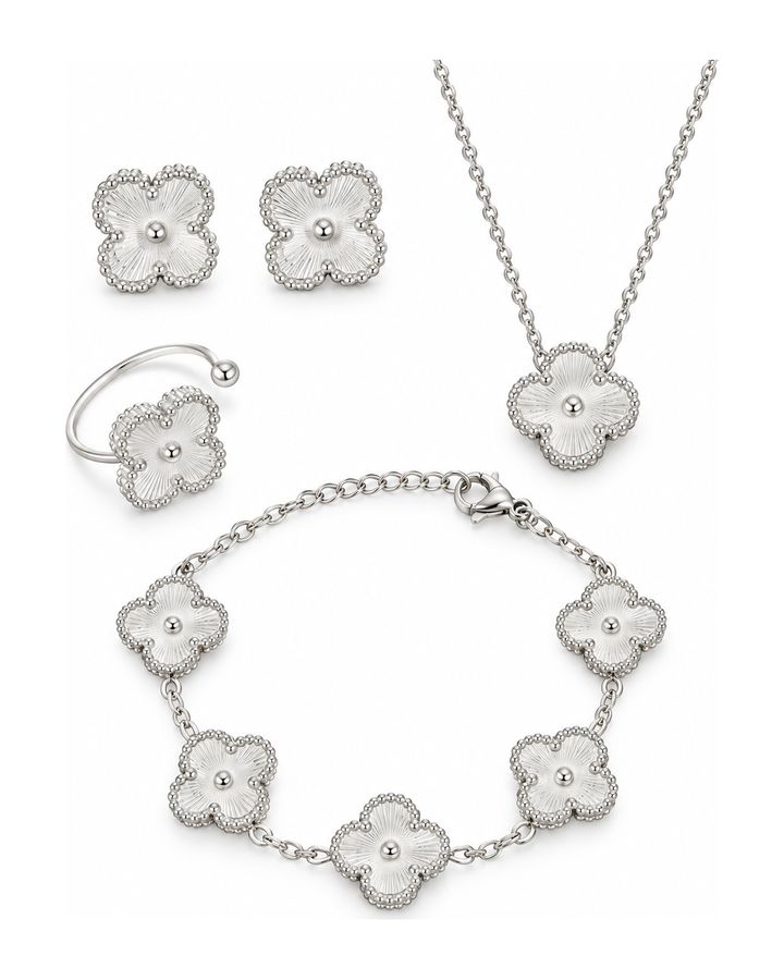 Silver Clover Stainless Steel Jewelry Set: Necklace, Earrings, Bracelet, Ring