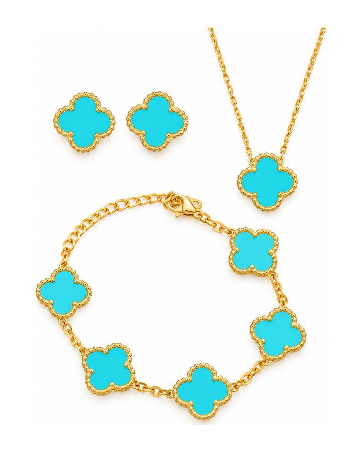 Tiffany Blue Clover Stainless Steel Jewelry Set: Necklace, Earrings, Bracelet