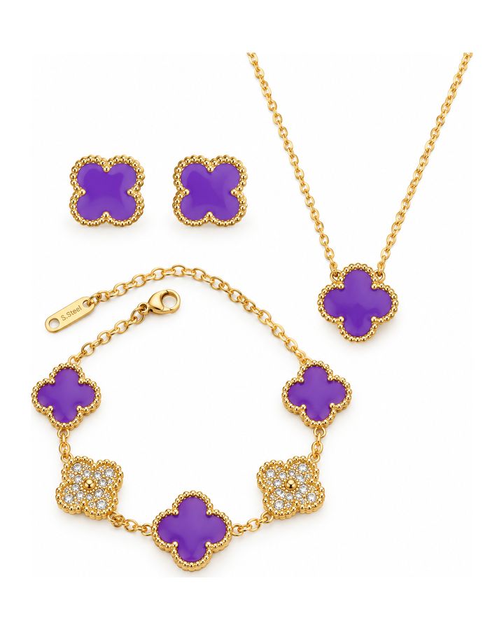 Violet Gold Rhinestones Clover Jewelry Set