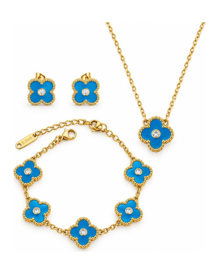 Dodger Blue & Gold Clover Stainless Steel Jewelry Set: Necklace, Earrings, Bracelet