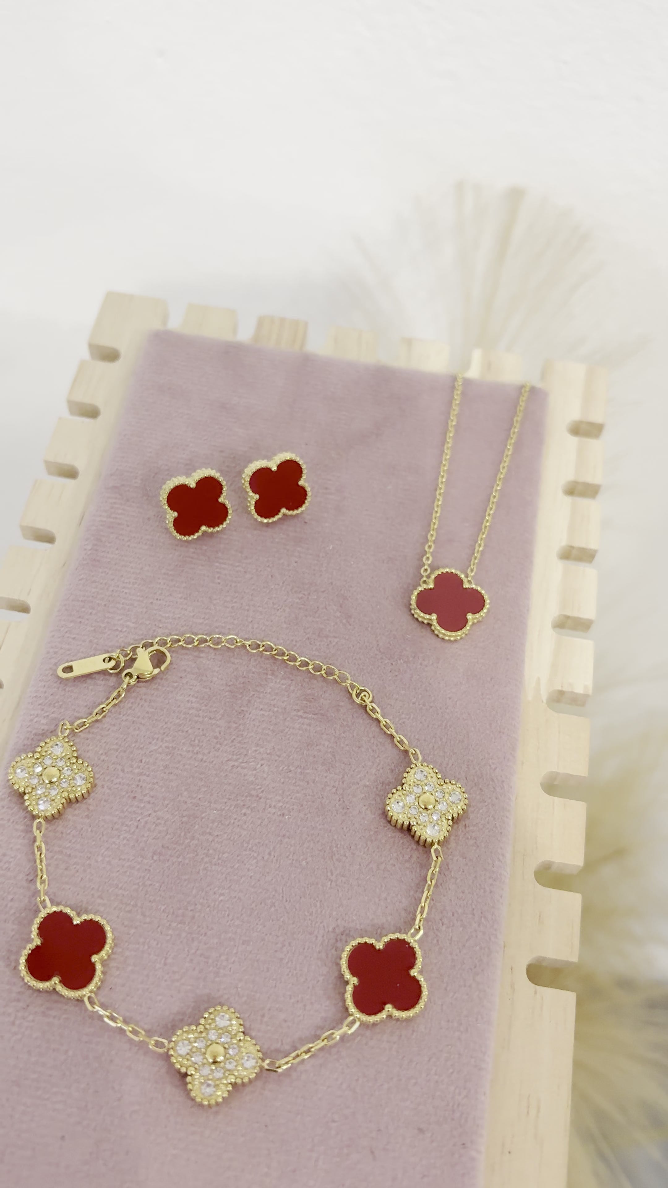 Deep Burgundy & Gold Rhinestone Clover Jewelry Set